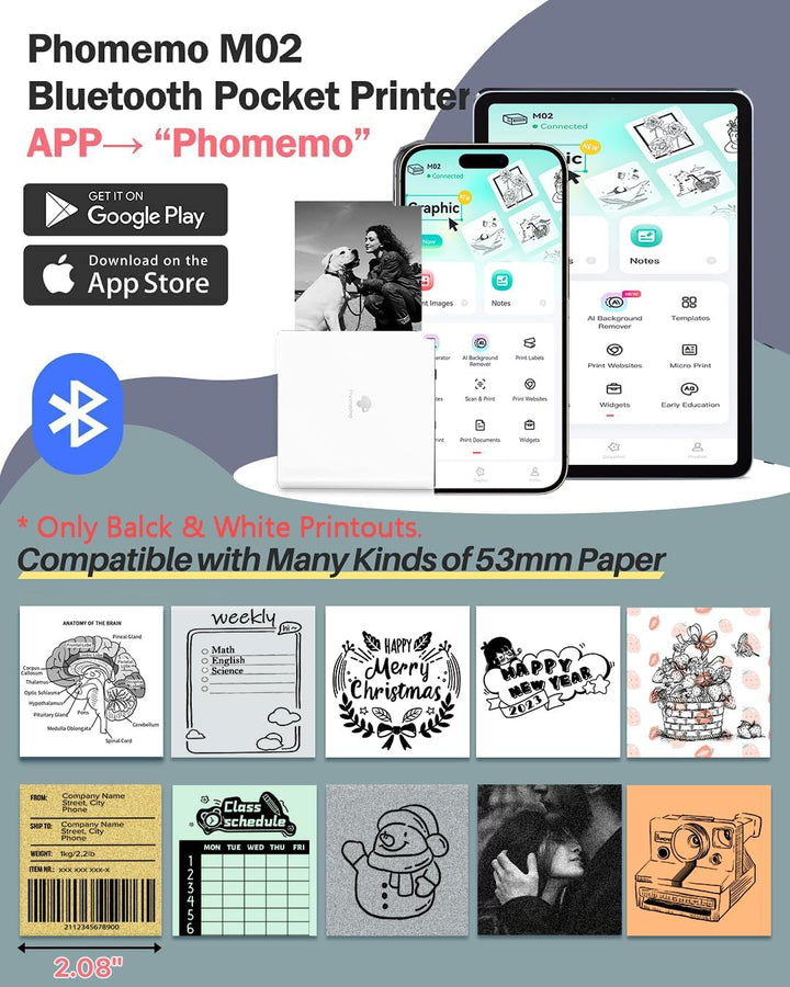 Phomemo-M02 Mini Bluetooth Taschendrucker Thermofotodrucker Tragbarer Empfangsdrucker, kompatibel mi