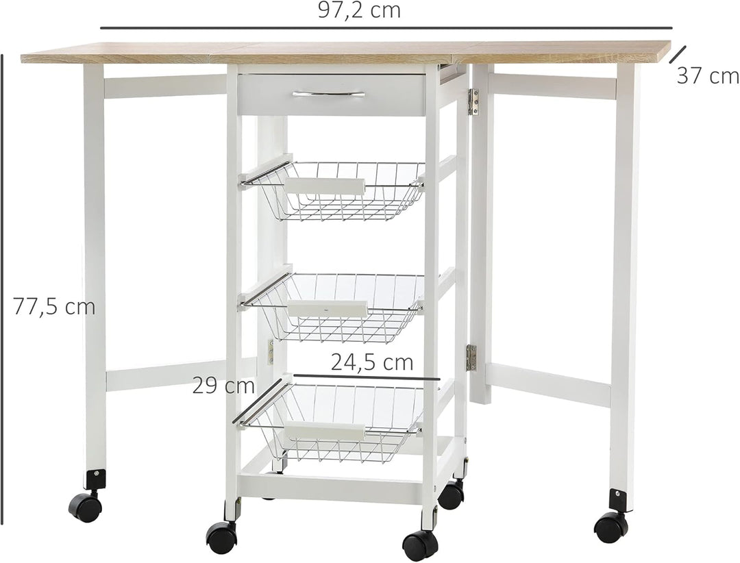 HOMCOM Küchenwagen faltbar Rollwagen Servierwagen Schublade mit 3 Körben 6 Universal-Rollen für Küch