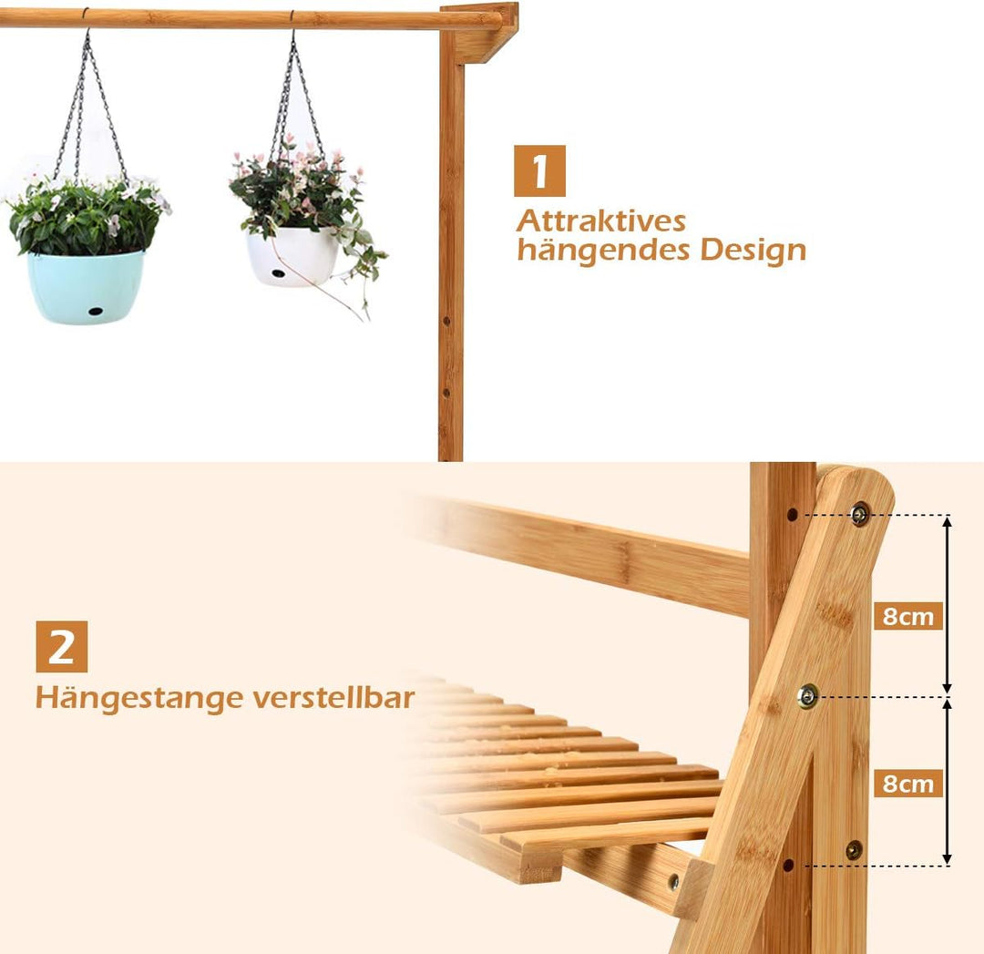 COSTWAY Pflanzenregal mit höhenverstellbarer Hängestange, Pflanzenleiter mit 3 Ebenen, klappbares Bl