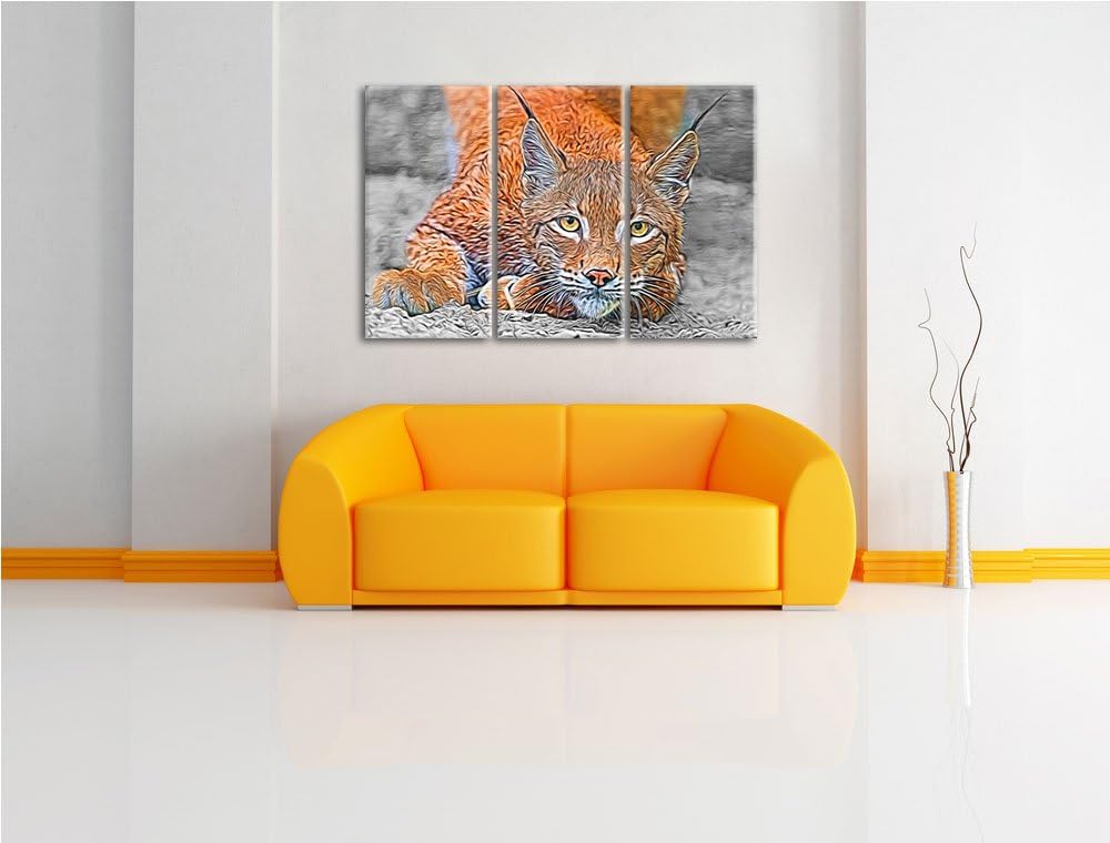 grosser wachsamer Luchs schwarz/weiss Deluxe 3-Teiler Leinwandbild 120x80 Bild auf Leinwand, XXL rie