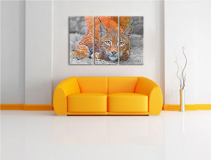 grosser wachsamer Luchs schwarz/weiss Deluxe 3-Teiler Leinwandbild 120x80 Bild auf Leinwand, XXL rie