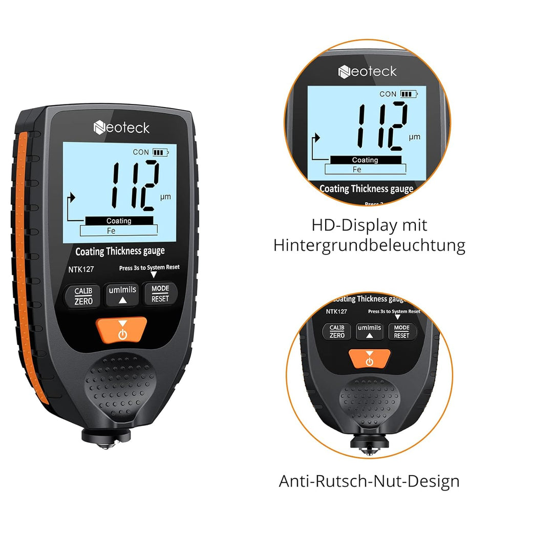 Neoteck Autolack Schichtdickenmessgerät Handheld mit LCD Display Hintergrundbeleuchtung, für Stahl-