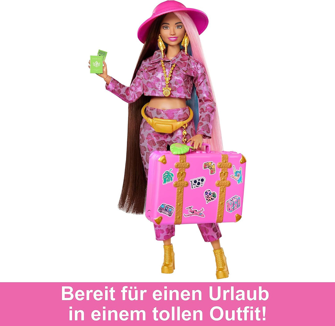 Barbie Extra Fly - Safari-Reise-Puppe mit pinkem Outfit und Zubehör, beweglicher Körper, 15 Accessoi