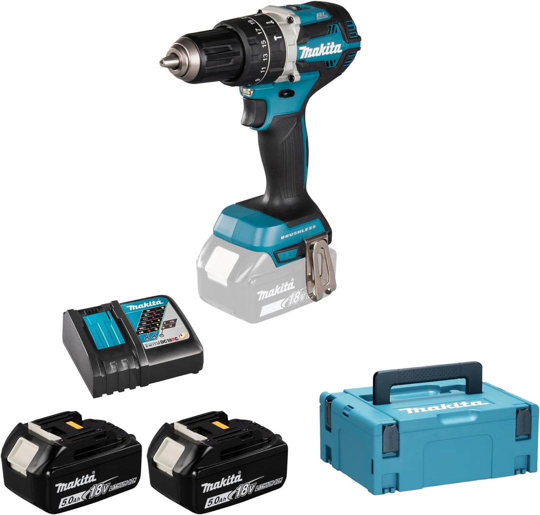 Makita DHP484RTJ Akku-Schlagschrauber 18V / 5,0Ah, 2 Akkus, Ladegerät im MAKPAC, 450 W, 18 V, Blau,