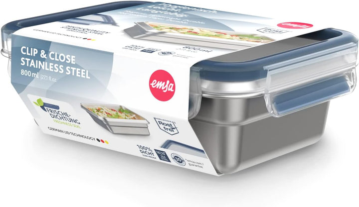 Emsa Clip & Close auslaufsichere Edelstahl-Frischhaltedose, 0,8 Liter Fassungsvermögen, rechteckig,
