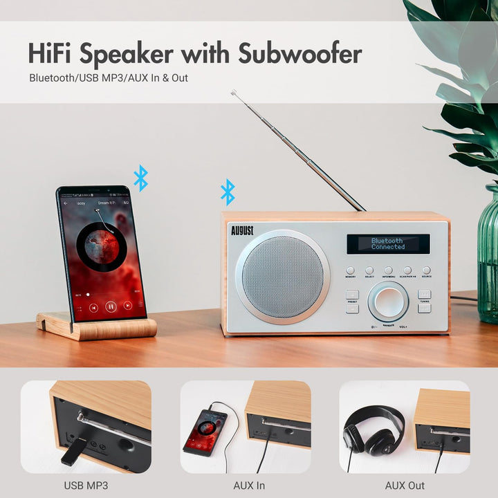 DAB+/FM Radio mit Bluetooth-August MB420-Digitales Küchenradio mit Holzgehäuse mit RDS-Funktion 60 P