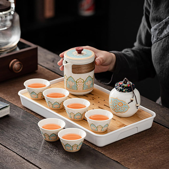 fanquare Chinesisches Porzellan Teekanne mit Sieb, Kungfu Keramik Teeservice mit Reisetasche,Teedose