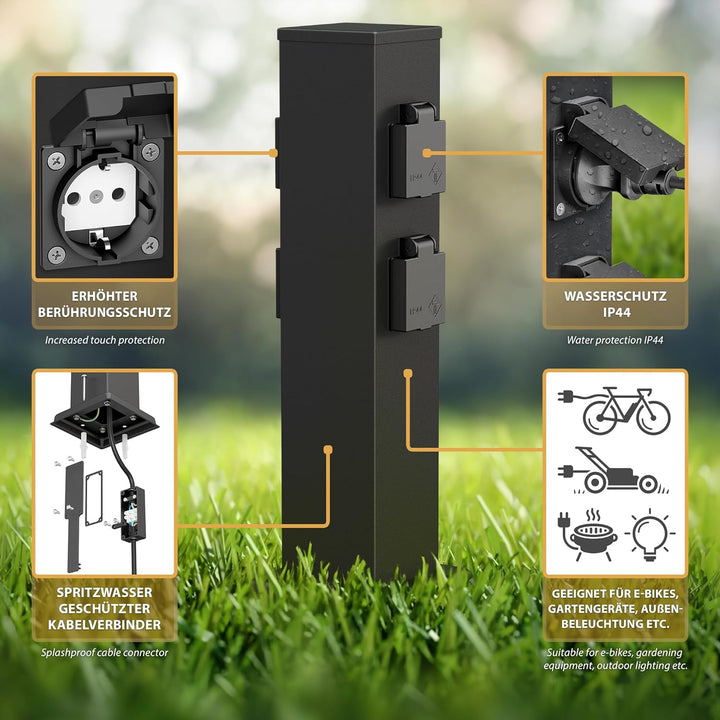 ledscom.de Garten Steckdosensäule POLLY, Outdoor, IP44, 4-fach, schwarz, eckig, 38 cm, 3 Stk. 3 Stüc