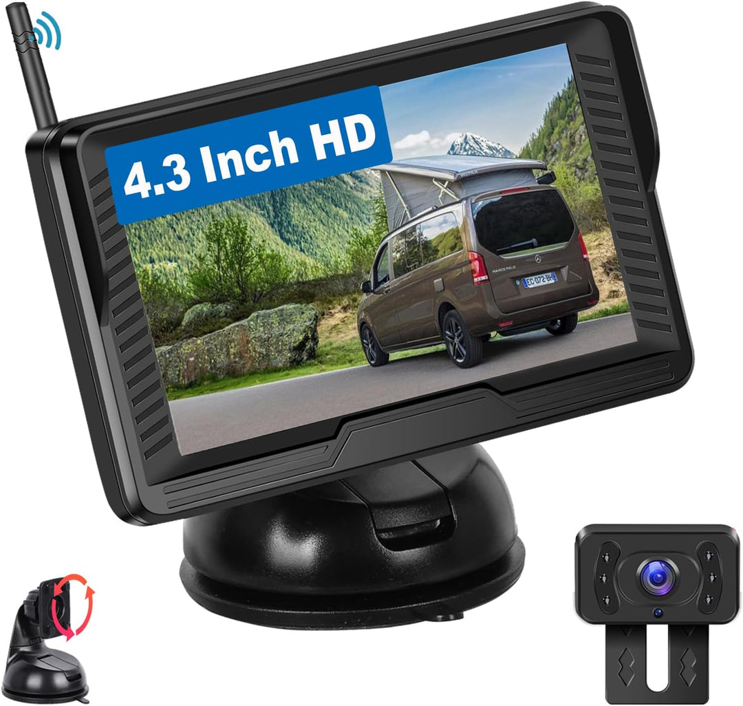 Hodozzy Drahtloses Rückfahrkamera Kit mit 4,3'' IPS Monitor, IP69 wasserdichte Rückfahrkamera, Stabi