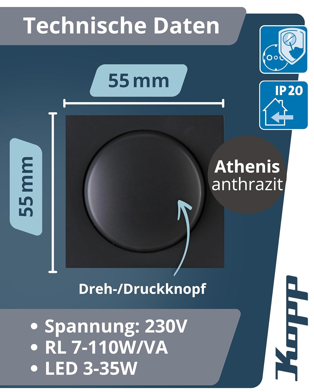 Kopp Athenis anthrazit, Druck-Wechsel-Schalter, Kombigerät, LED-Dimmer, für Glüh-Lampen, 230V Haloge