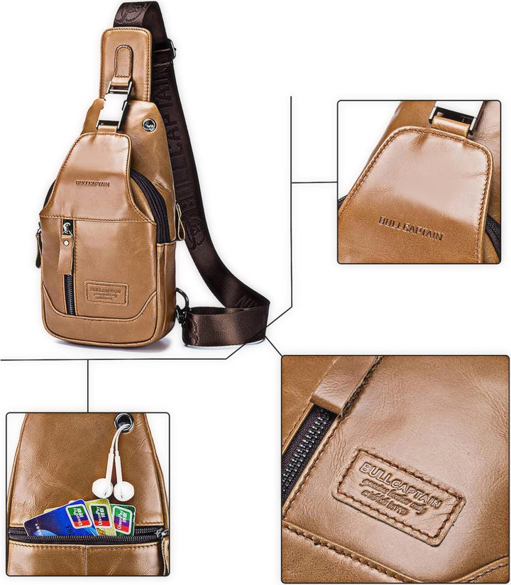 LOONGYOON Herrenbrusttasche aus Leder Umhängetasche mit Kopfhöreröffnung Studie über Sportreisen Mul