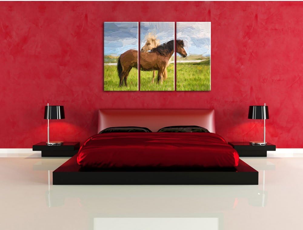 Pixxprint Zwei Pferde auf der Wiese Kunst Pinsel Effekt 3-Teiler Leinwandbild 120x80 Bild auf Leinwa