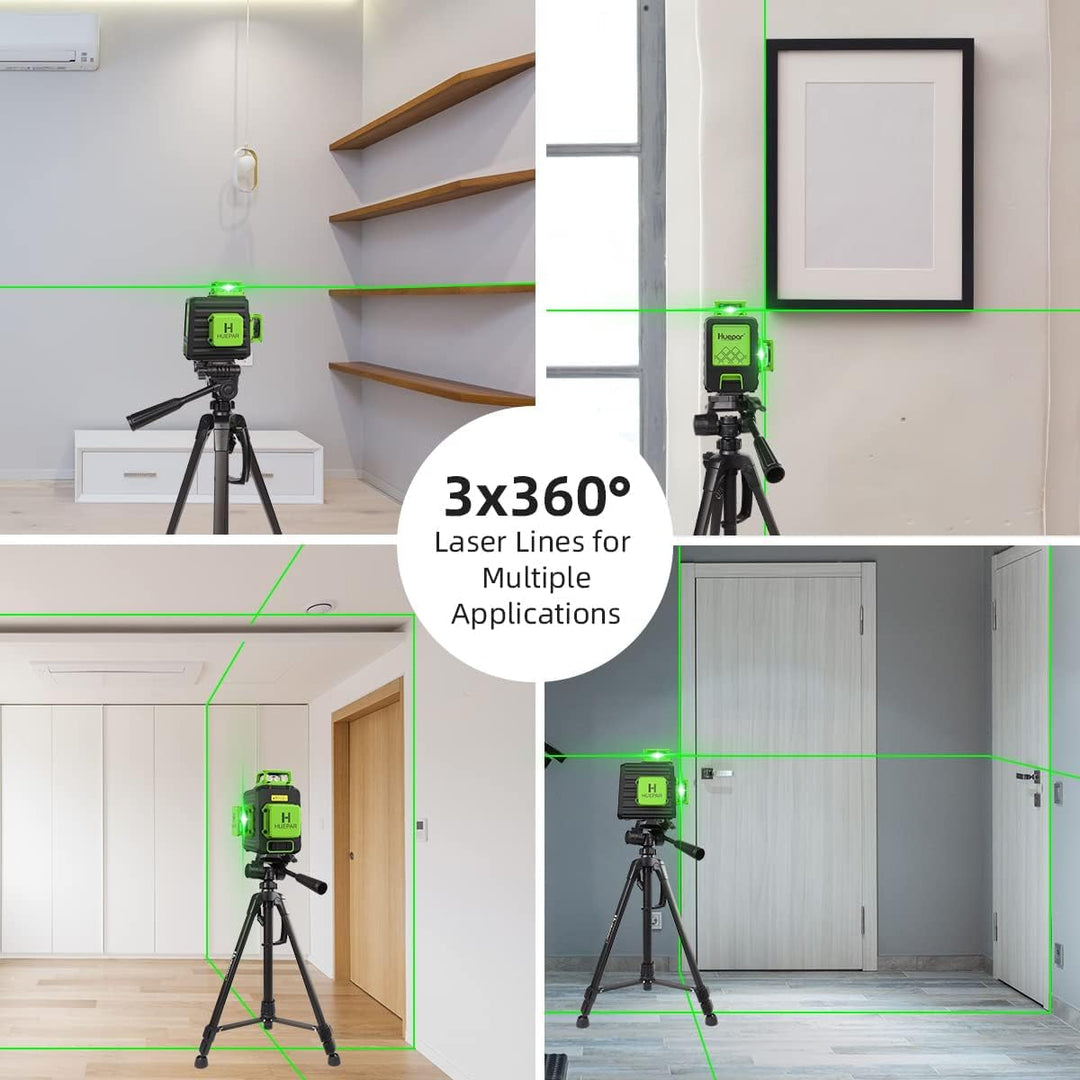 Huepar 3x360 Selbstnivellierender Kreuzlinienlaser, 3D-Grünstrahl, Drei-Ebenen-Nivellier- und Ausric