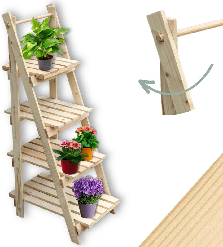 holz4home® Pflanzleiter mit 4 Ablagen I Grösse: 52,5 x 109 x 35 cm I Blumentreppe aus Tannenholz hel