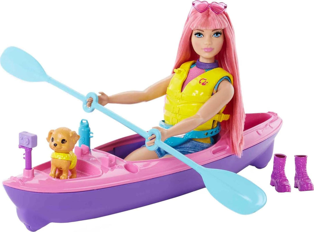 Barbie Camping Serie, Barbie-Puppe mit rosa Haaren, Kajak, Welpe, Schwimmweste, Barbie Accessoires,