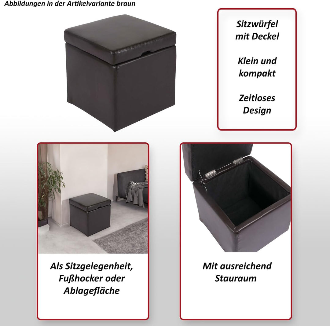 Mendler Hocker Sitzwürfel Sitzhocker Aufbewahrungsbox Onex, mit Deckel, Leder + Kunstleder, 45x44x44
