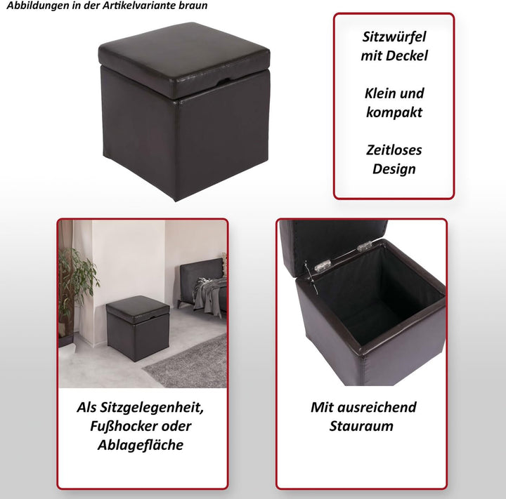 Mendler Hocker Sitzwürfel Sitzhocker Aufbewahrungsbox Onex, mit Deckel, Leder + Kunstleder, 45x44x44