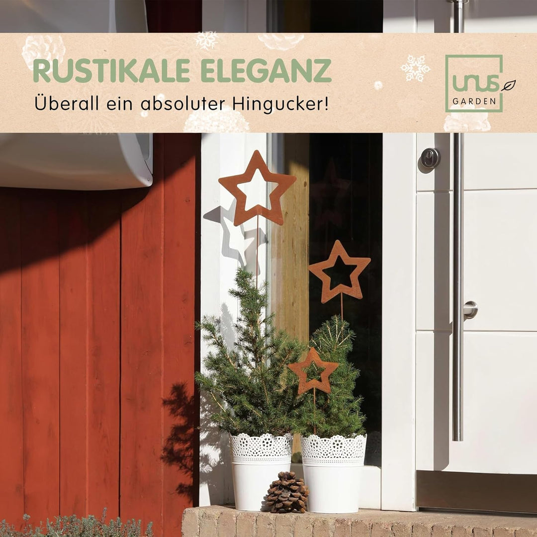 UNUS Gartenstecker Weihnachten Stern, 3X Weihnachtsstern, Gartendeko Rostoptik, Rost Deko wetterfest