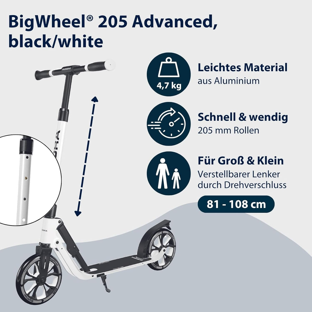 HUDORA BigWheel® 205 Advanced Scooter - Komfortabler Aluminium-Roller für bis zu 100kg - Höhenverste