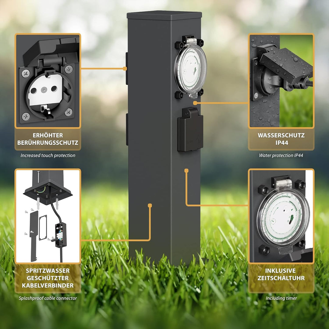 ledscom.de 2X Garten Steckdosensäule Polly für aussen, IP44, Timer/Zeitschaltuhr, 3-Fach, anthrazit,