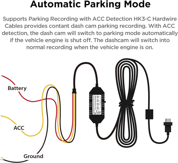 VIOFO HK3-C Acc Hardwire-Kit, 13-Fuss-USB-C Hardwire-Kit für A139 Dash Cam, Niederspannungsschutz