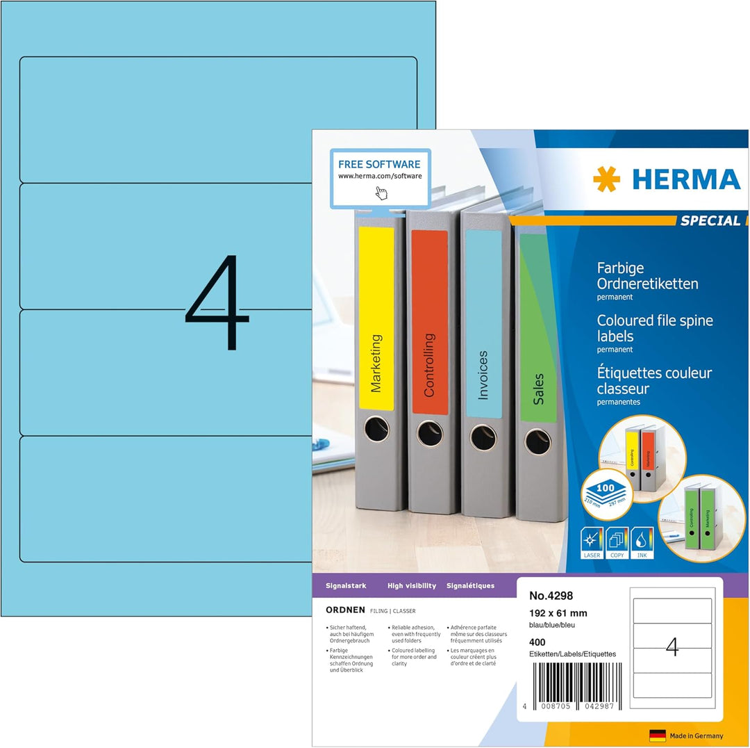 HERMA 4298 Ordnerrücken Etiketten kurz breit, 100 Blatt, 192 x 61 mm, 4 Stück pro A4 Bogen, 400 Ordn