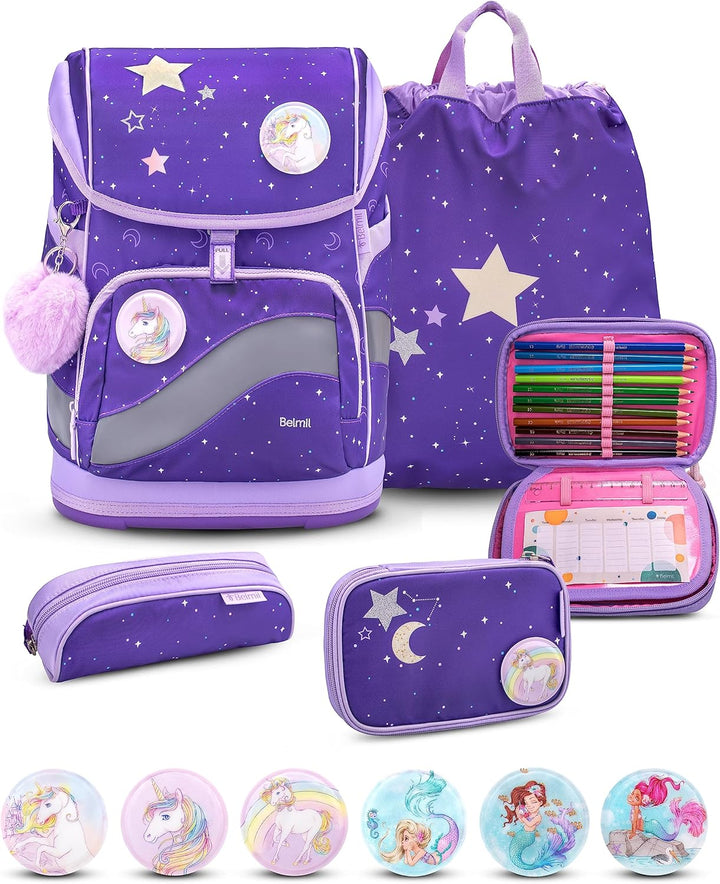 Belmil Premium Smarty Plus ergonomisches Schulranzen Set 5-teilig mit Patch Set 6 Stück, AGR, Brustg