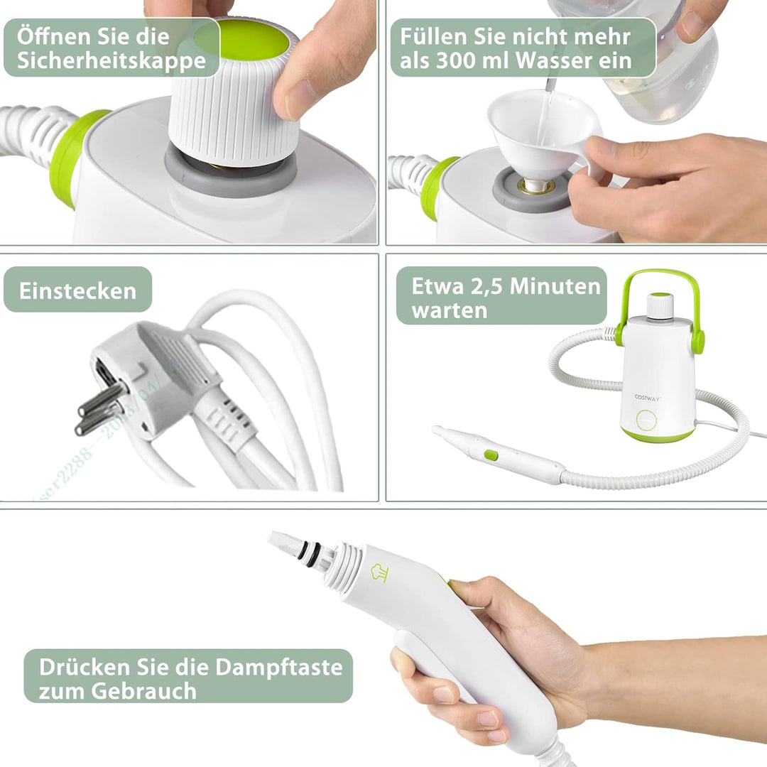 COSTWAY Dampfreiniger Handgerät | 1000W & 300 ml Wasserkapazität & 10 Zubehörsätze | Steamshot Steam