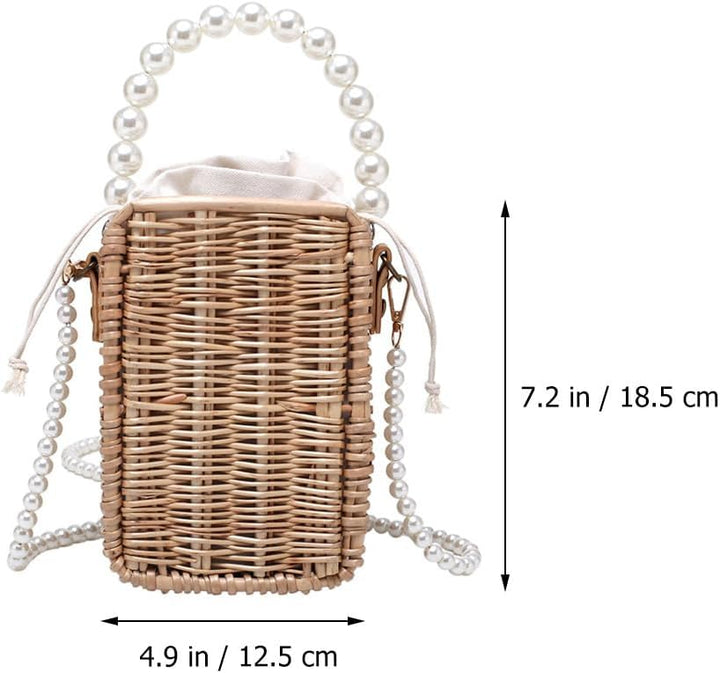Amosfun Rattan Umhängetaschen Handgemachte Stroh Taschen mit Perlen Perlen Schulter Gurt Und Griff B