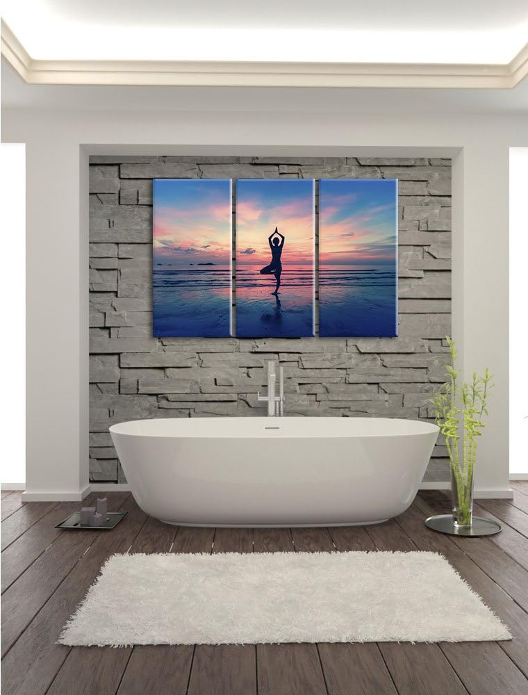 Pixxprint Yoga am Strand 3-Teiler Leinwandbild 120x80 Bild auf Leinwand