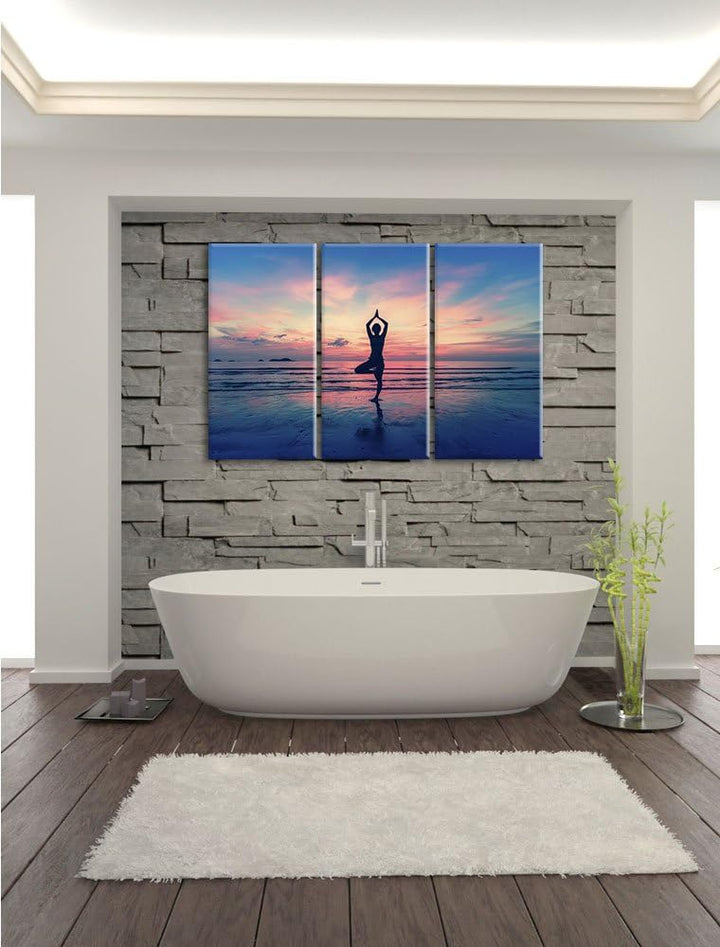 Pixxprint Yoga am Strand 3-Teiler Leinwandbild 120x80 Bild auf Leinwand