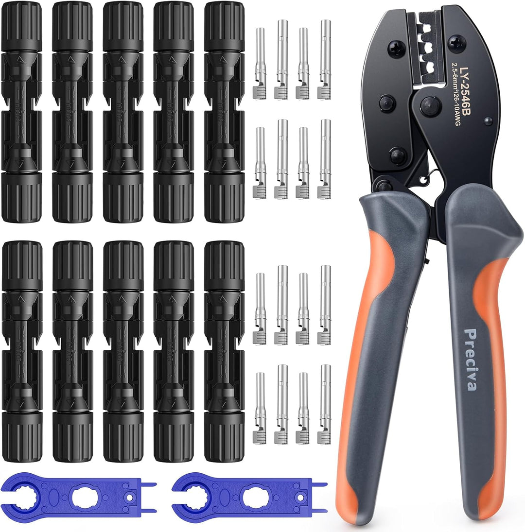Crimpzange Solarstecker Set - Preciva Crimpzange mit 10 Stk. Solarpanel Kabelstecker und Schraubensc