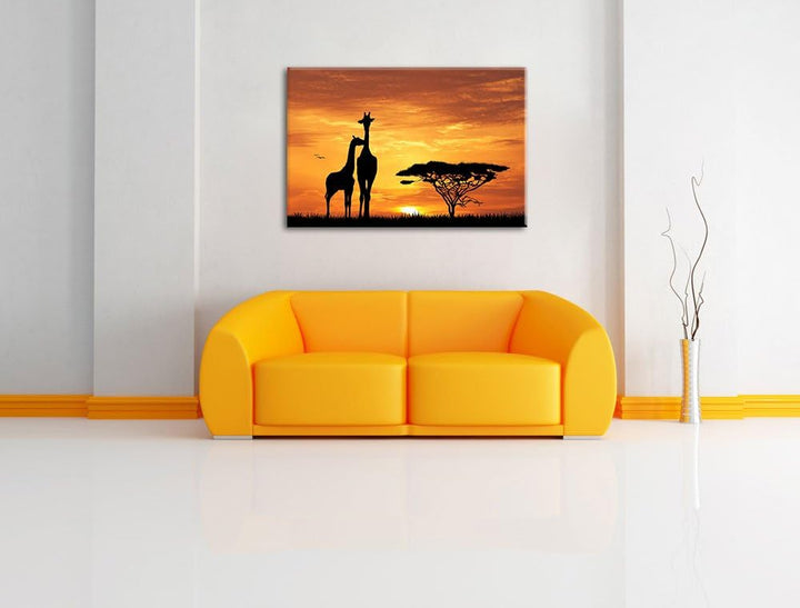 Giraffen im Sonnenuntergang Format: 100x70 auf Leinwand, XXL riesige Bilder fertig gerahmt mit Keilr