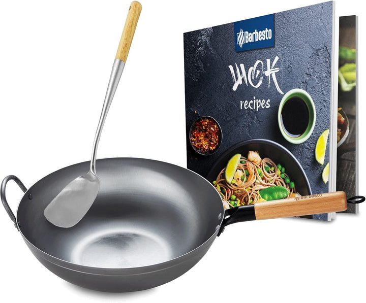 CLP Wok-Set aus Karbonstahl I Flacher oder runder Boden für Gas, Induktion und Grill I Wokpfanne mit