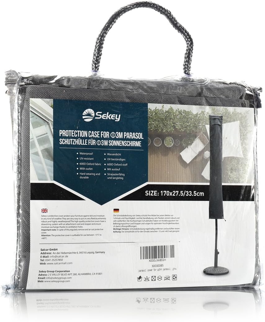 Sekey® Schutzhülle für Ø 300 cm Sonnenschirm, Abdeckhauben für Sonnenschirm 175cm x 27,5/35,5cm Grau