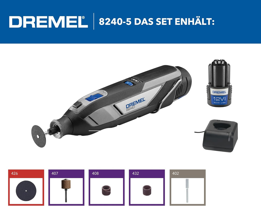 Dremel 8240 Akku-Rotationswerkzeug, 12V 3Ah Lithium-Ionen-Akku, Multifunktionswerkzeug Set mit 5 Zub