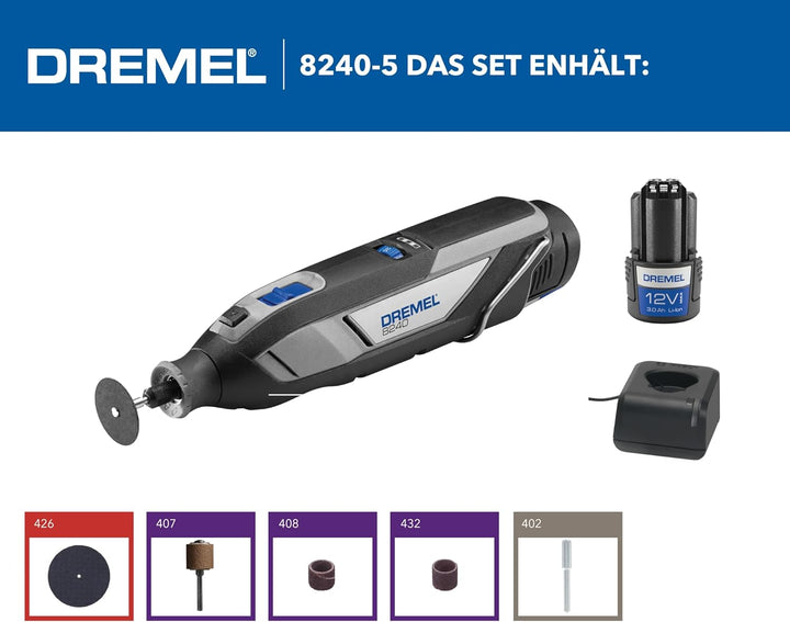 Dremel 8240 Akku-Rotationswerkzeug, 12V 3Ah Lithium-Ionen-Akku, Multifunktionswerkzeug Set mit 5 Zub