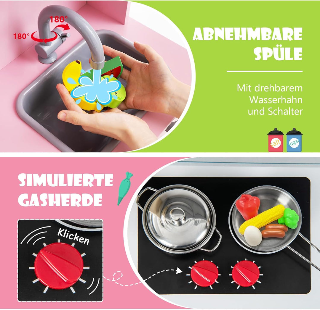 COSTWAY Kinderküche Spielküche inkl. 18 Zubehör, Kinder Küche Holz mit Spüle Mikrowelle Eismaschine