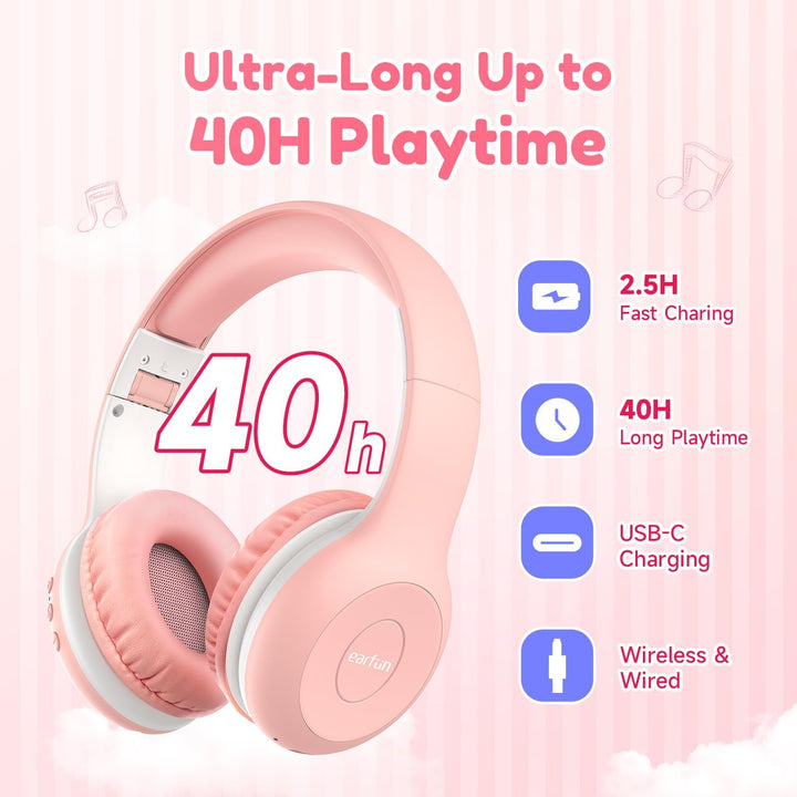 EarFun Bluetooth Kopfhörer Kinder, 85/94dB Lautstärkeregelung, HiFi Sound, HD-Mikrofon, 40 Std Akku,