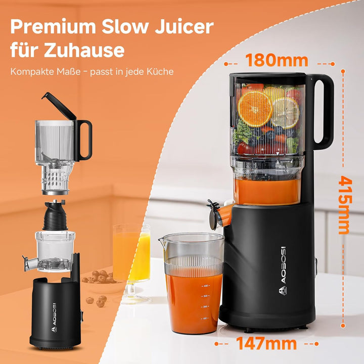 AOBOSI Entsafter Slow Juicer 126MM XXL Einfüllöffnung,90 RPM, Leiser Kupfermotor, BPA-frei, hohe Saf