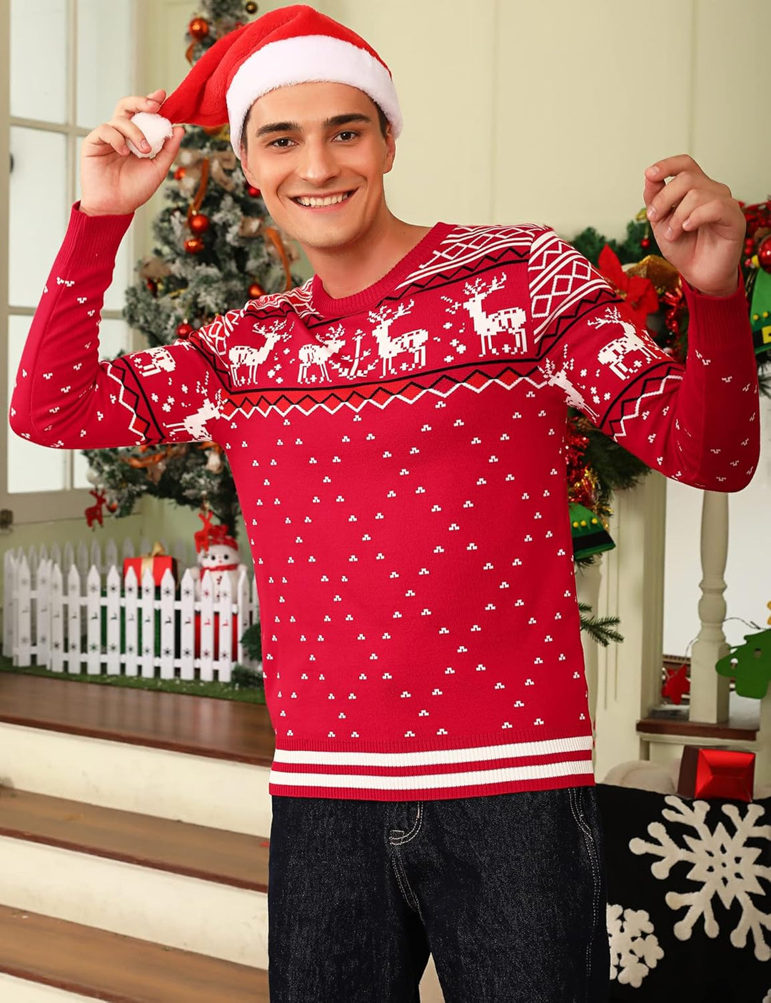 Litherday Weihnachtspullover Herren Strickpullover mit Rentiermuster, B-rot, S