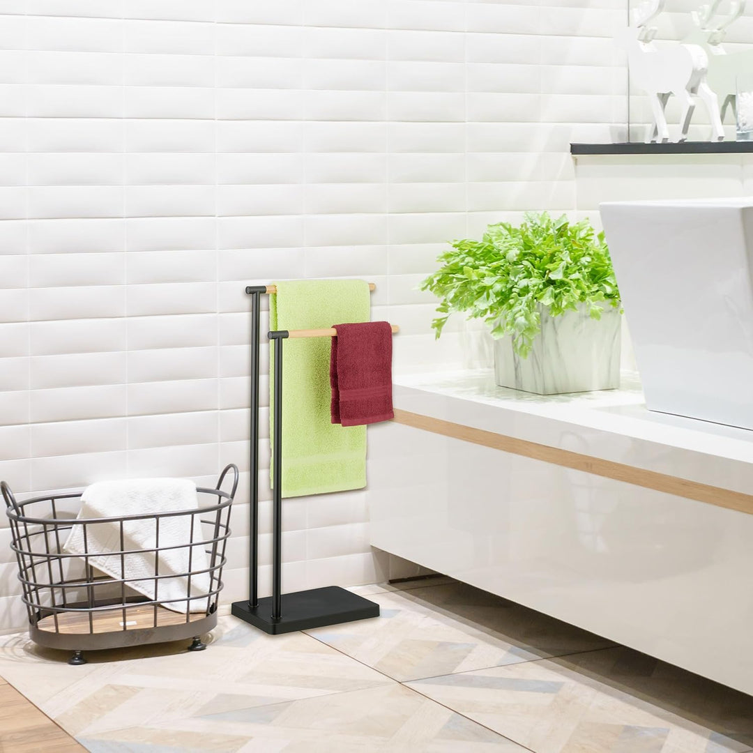 Relaxdays Handtuchhalter stehend, Handtuchständer mit 2 Stangen, für Hand- & Badetücher, Edelstahl,