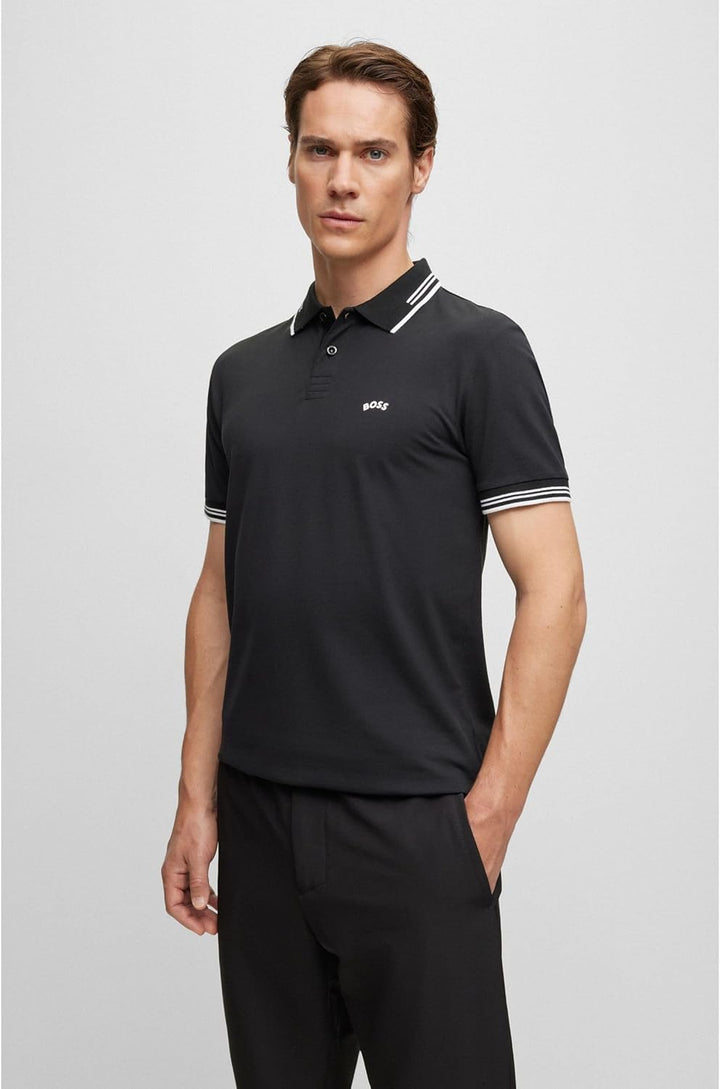 BOSS Herren Paul Curved Slim-Fit Poloshirt aus Stretch-Baumwolle mit geschwungenem Logo Schwarz S