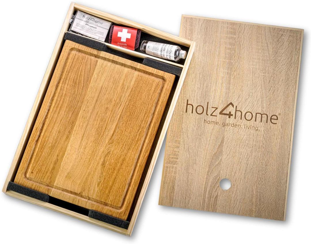 Holz4home Schneidebrett Set Alina Aus massiver Eiche in Geschenkbox mit Pflegeutensilien | Handgearb