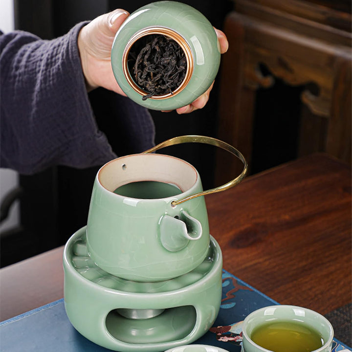 fanquare Teekanne aus Porzellan mit Heizung, Tief Grün Japanischen Stil Teeservice mit Stövchen, Ker