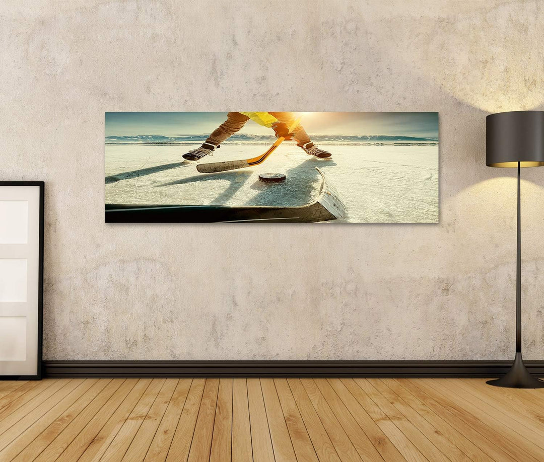 islandburner Bild auf Leinwand Eishockey Spiel Moment Gefrorener See Bilder Wandbilder Poster Leinwa