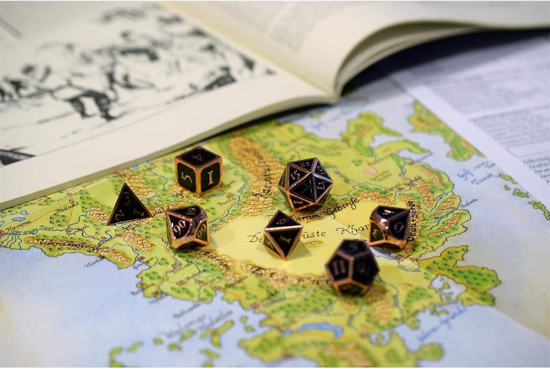 shibby 7 polyedrische Metall-Würfel für Rollen- und Tabletopspiele in Steampunk Kupfer-Schwarz-Optik