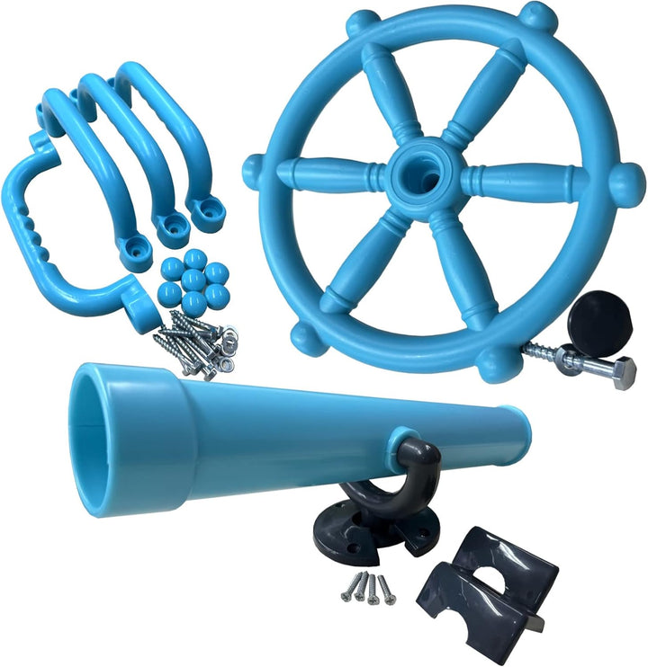 Spielturmzubehör Steuerrad + Teleskop Fernrohr + Handgriffe Spielhaus Piraten Set