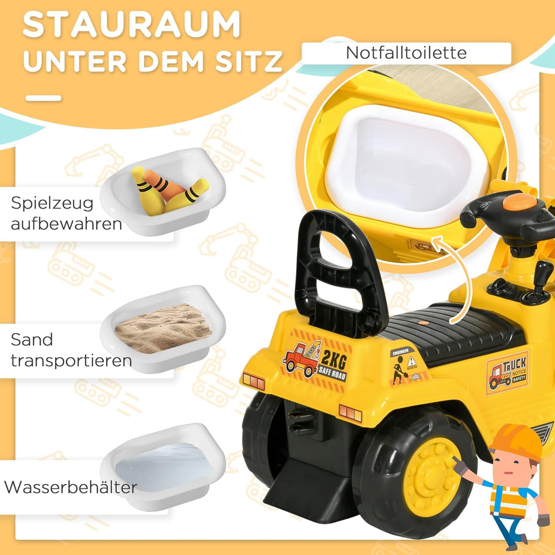 HOMCOM Sitzbagger mit eingebautem Ablagefach Kinder Rutschauto Traktor Kinderbagger mit Hupe Rutsche