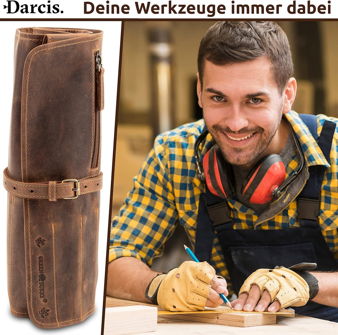 Darcis Werkzeugrolle in Braun - Aus echtem Rindsleder - Werkzeug Rolltasche mit 13 Fächern, 3 Knopft